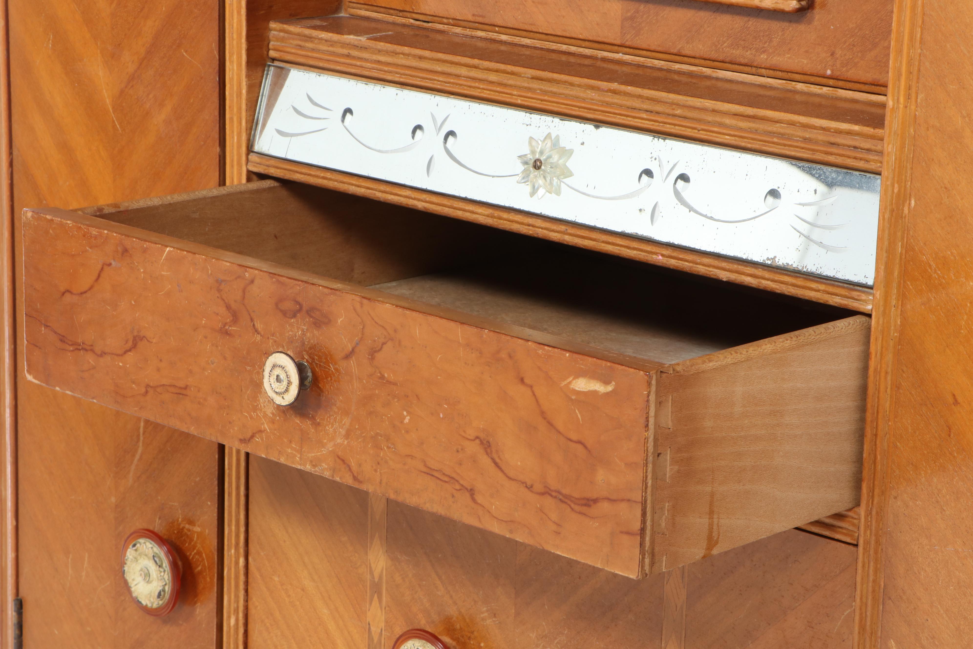 Art Deco Blondewood and Reverse-Etched Glass Chifferobe with Secretary, c. 1930