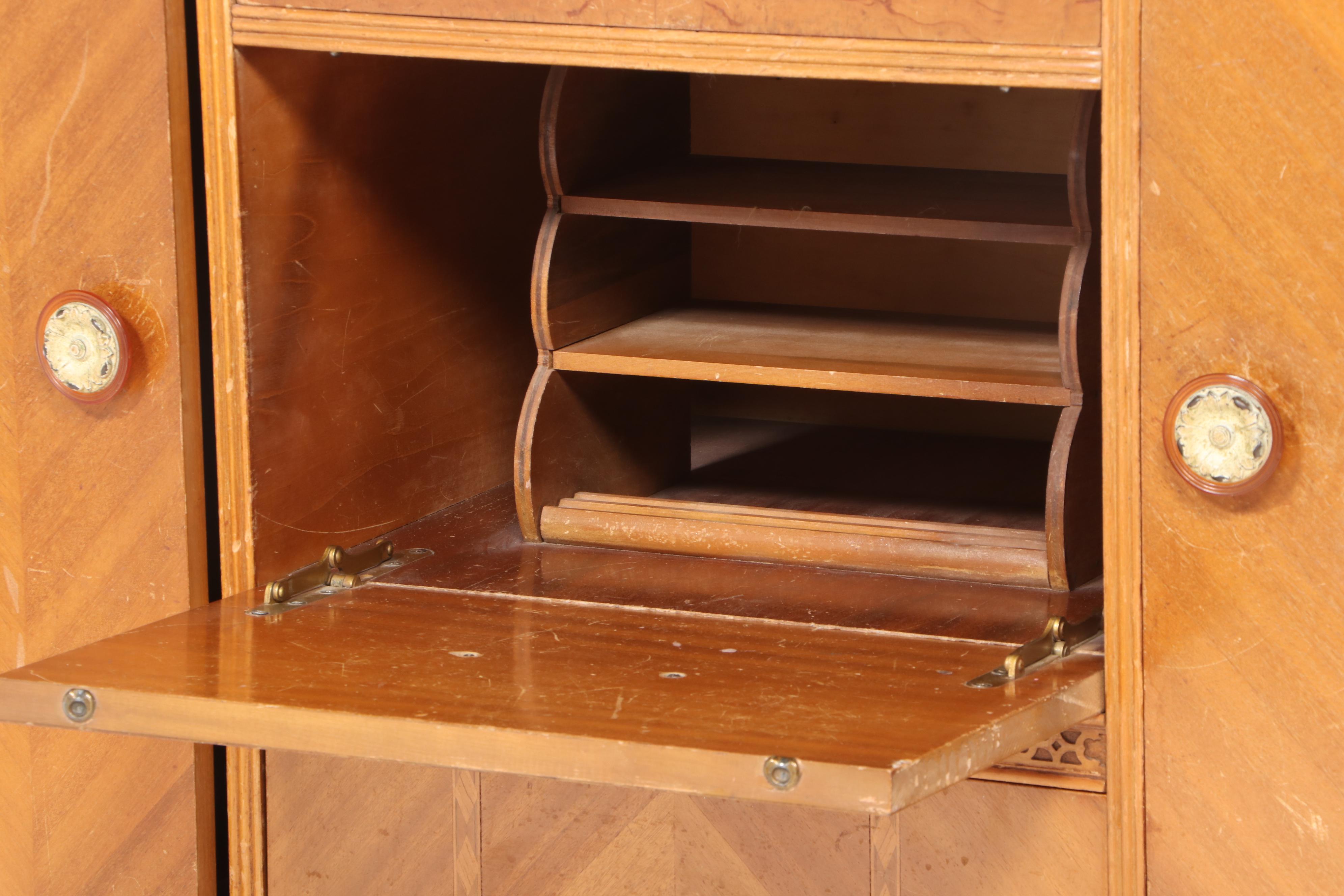 Art Deco Blondewood and Reverse-Etched Glass Chifferobe with Secretary, c. 1930
