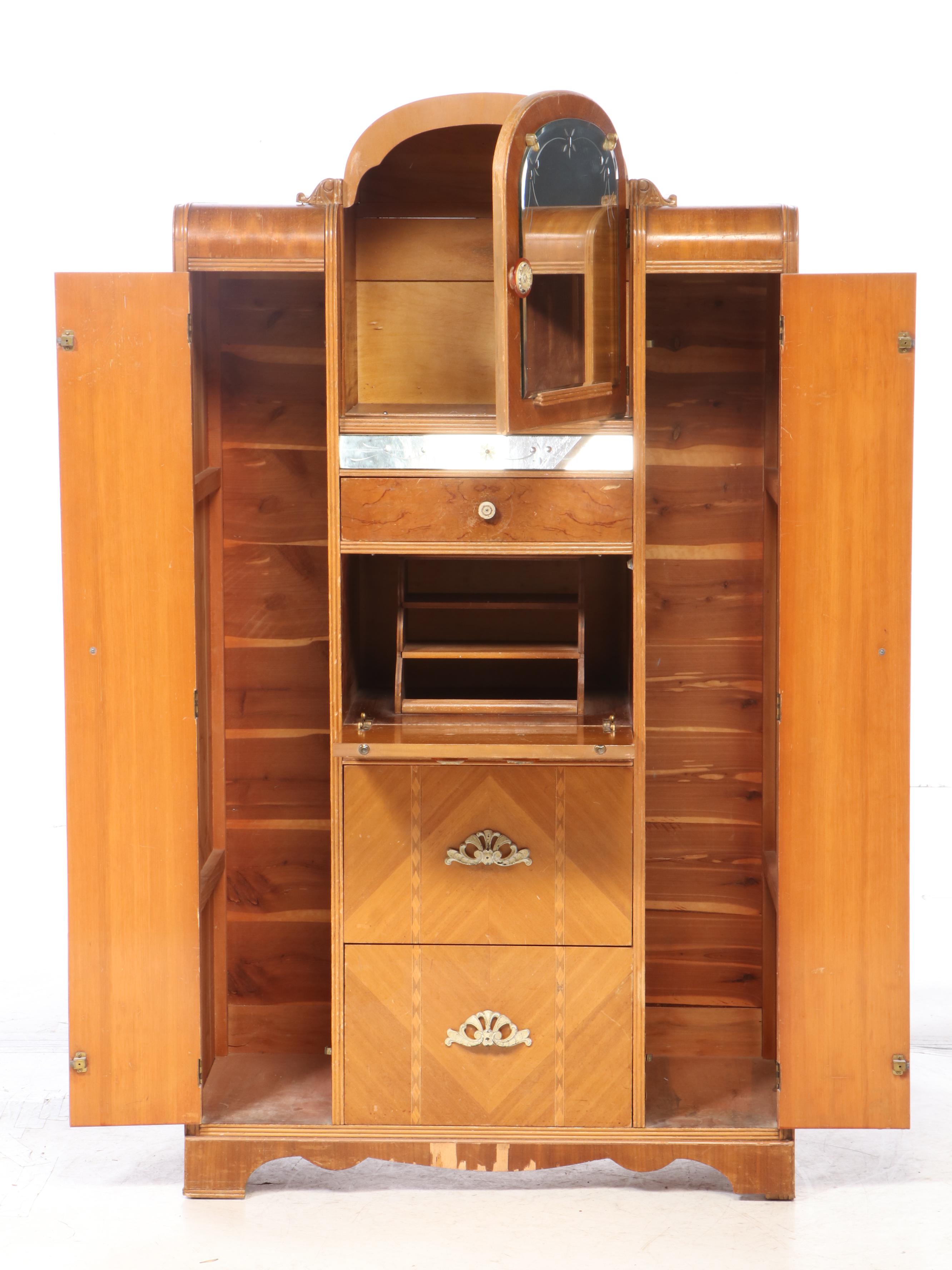 Art Deco Blondewood and Reverse-Etched Glass Chifferobe with Secretary, c. 1930