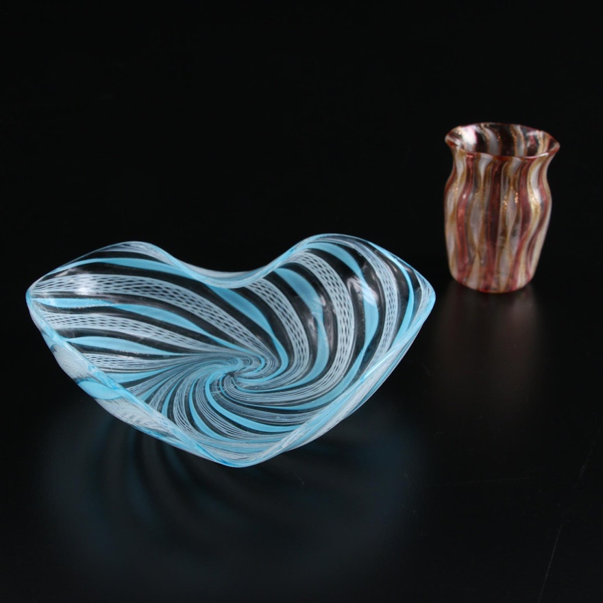 Murano Handblown Zanfirico and Latticino Glass Ashtray and Toothpick Holder