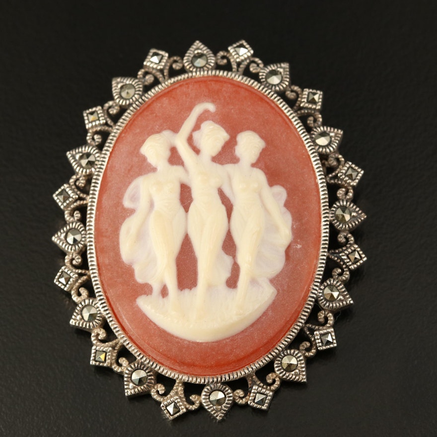 Vintage Three Graces Cameo Brooch in Sterling