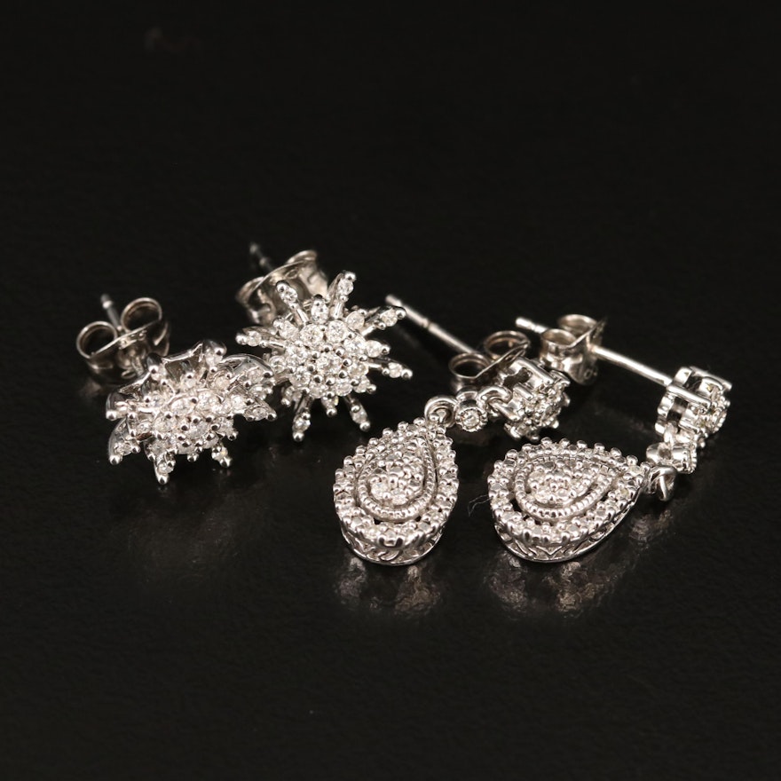 Sterling Silver Diamond Teardrop and Starburst Earrings