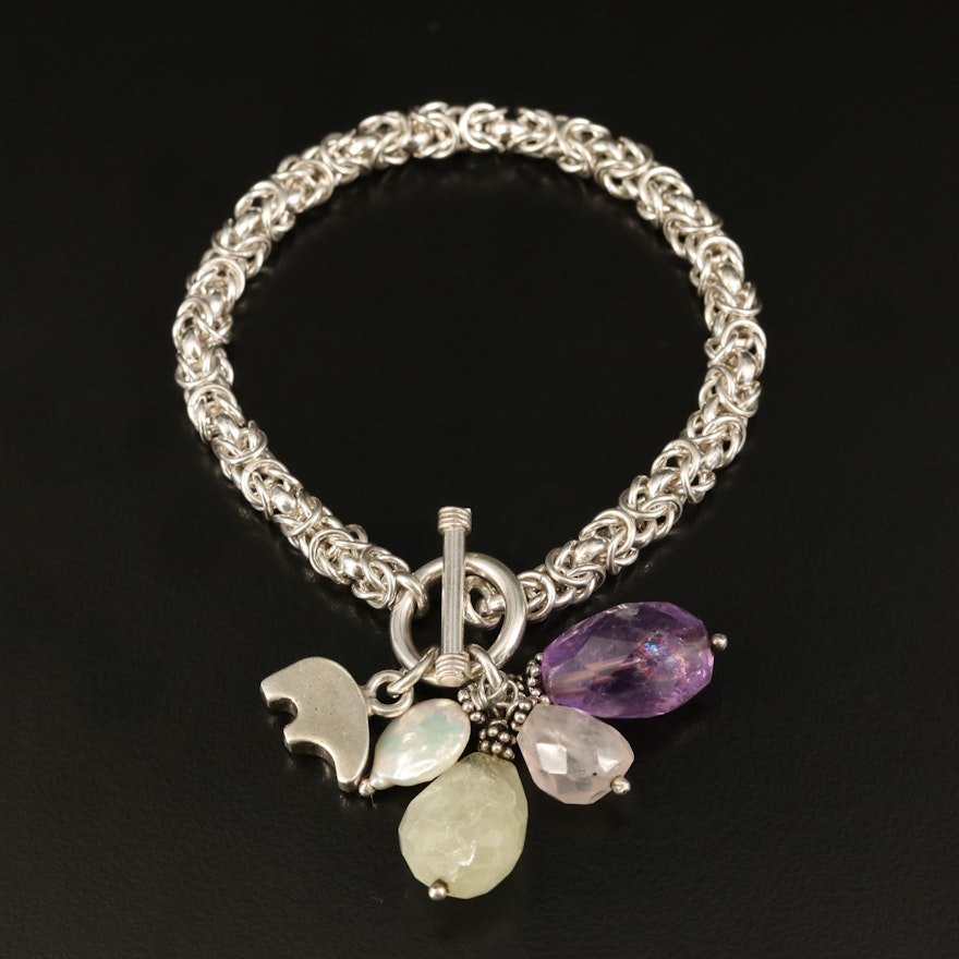 Sterling Byzantine Chain Bracelet with Amethyst, Pearl and Rose Quartz Drops