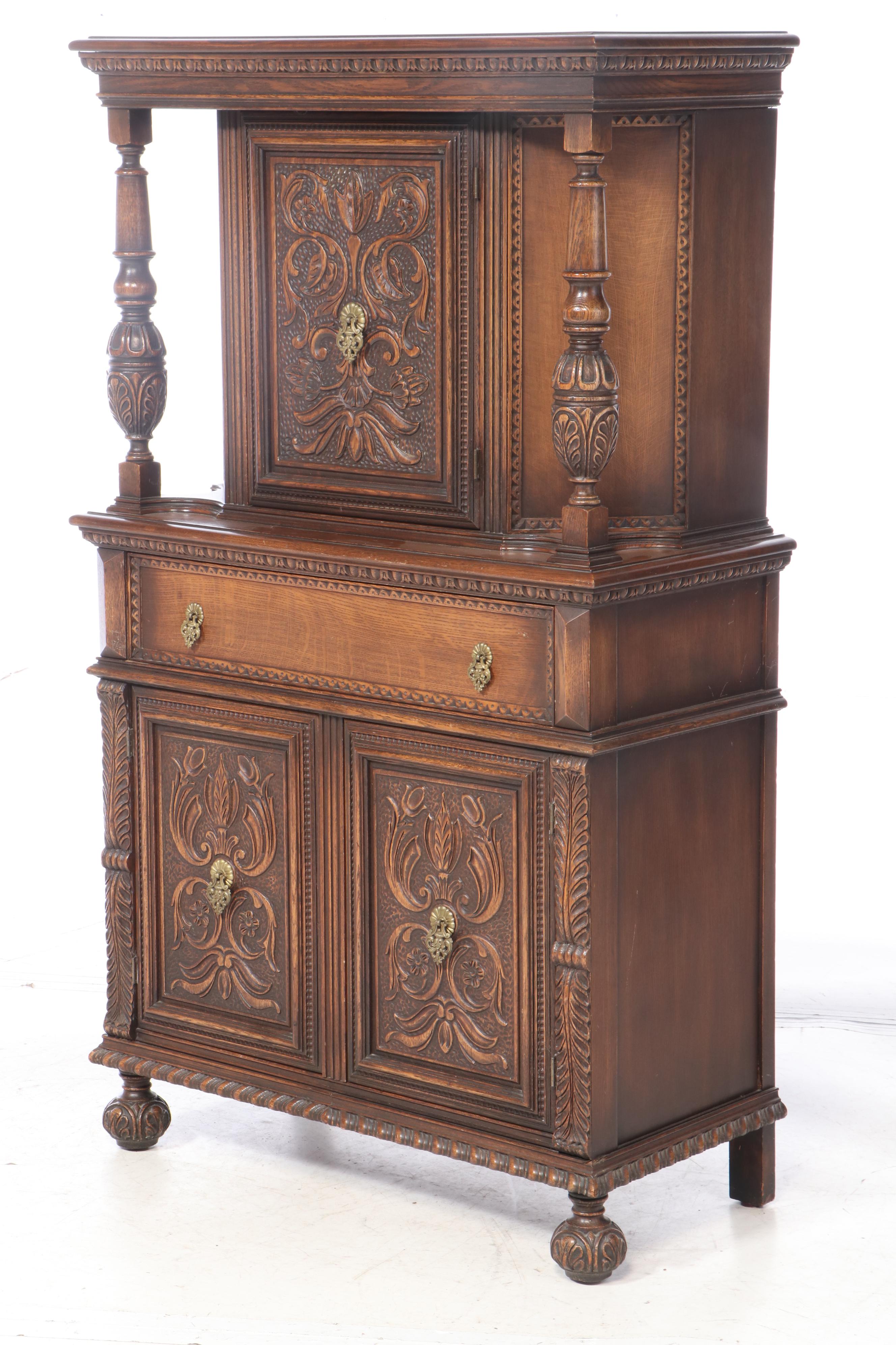Jacobean Style Relief-Carved Oak China Cupboard, Early to Mid 20th Century