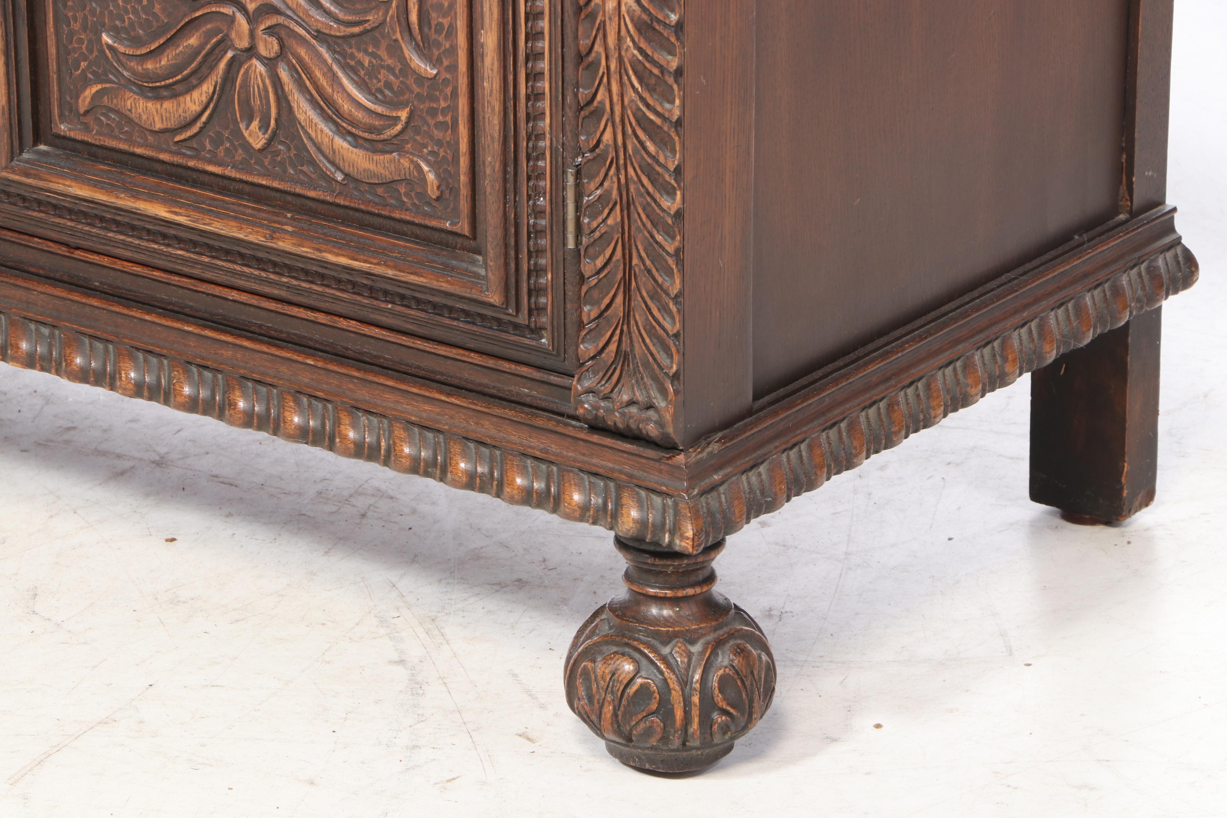 Jacobean Style Relief-Carved Oak China Cupboard, Early to Mid 20th Century