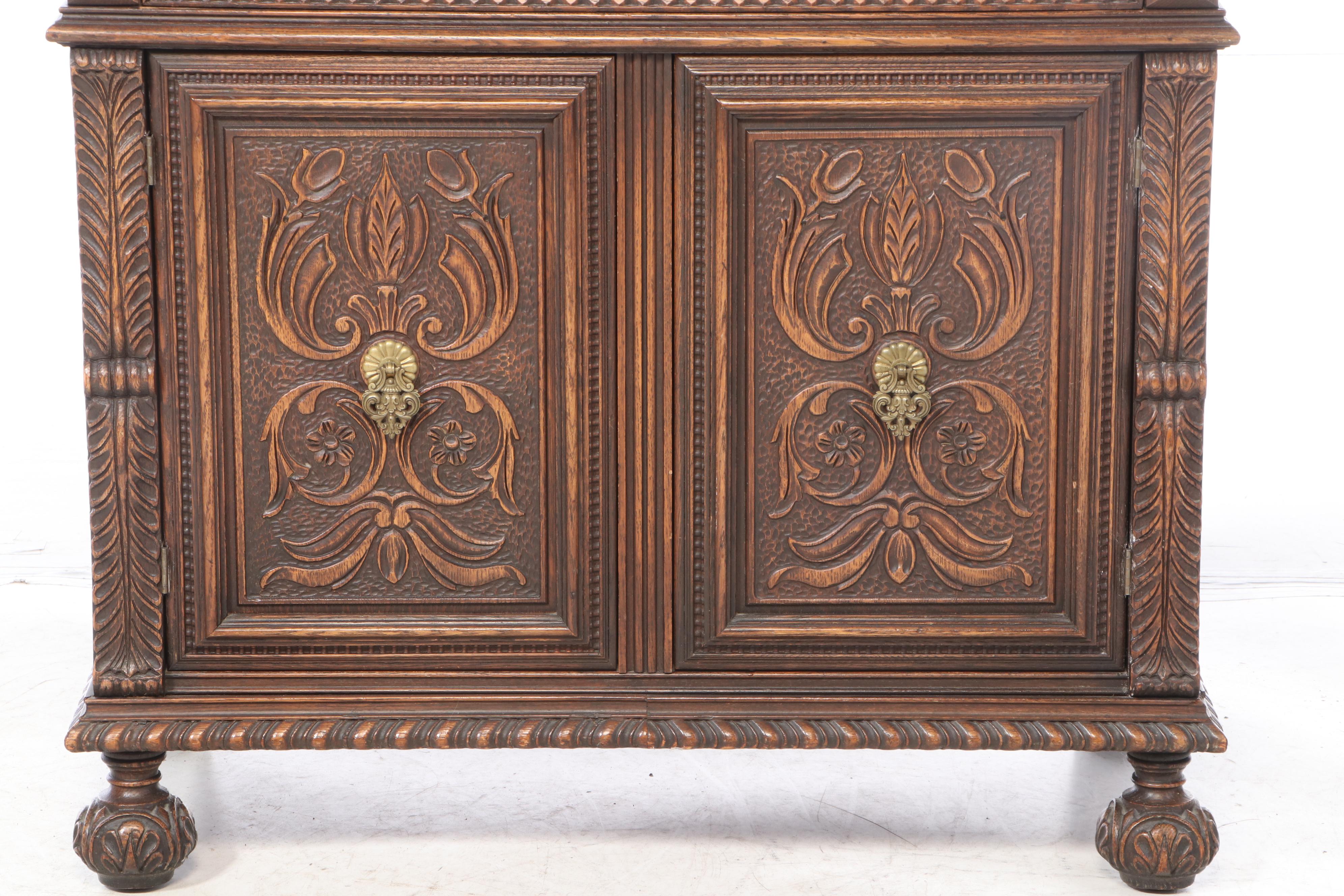 Jacobean Style Relief-Carved Oak China Cupboard, Early to Mid 20th Century