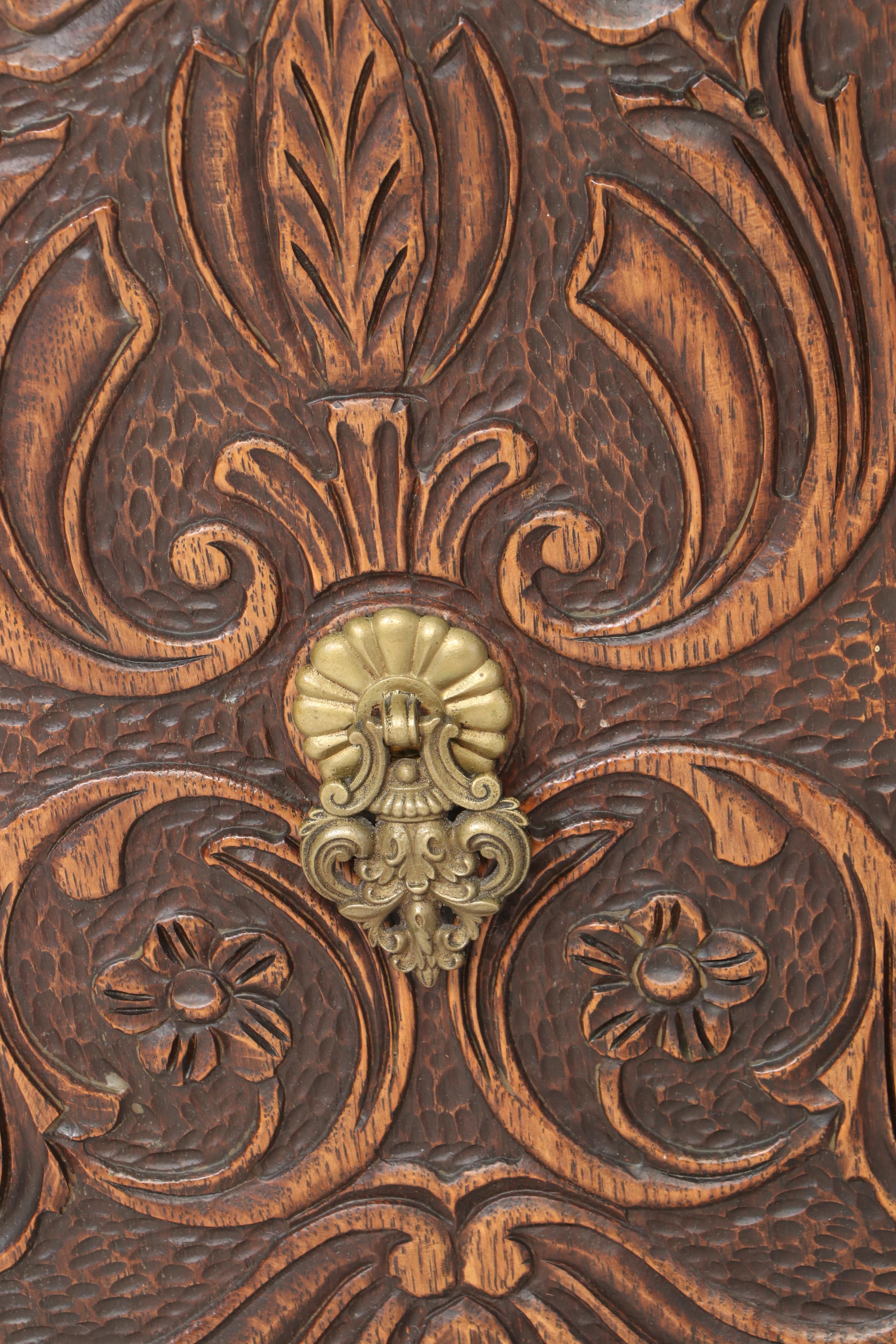 Jacobean Style Relief-Carved Oak China Cupboard, Early to Mid 20th Century