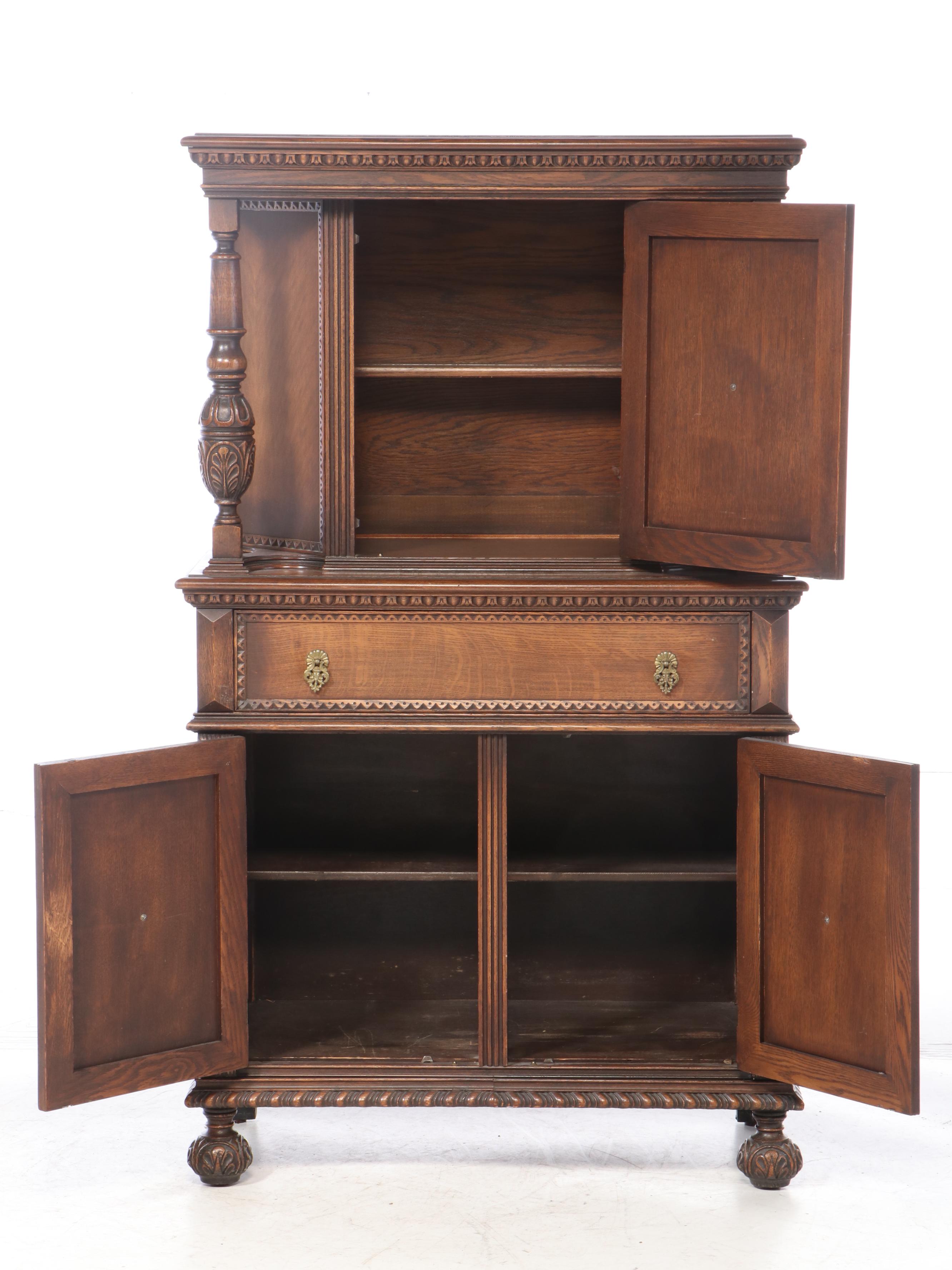 Jacobean Style Relief-Carved Oak China Cupboard, Early to Mid 20th Century