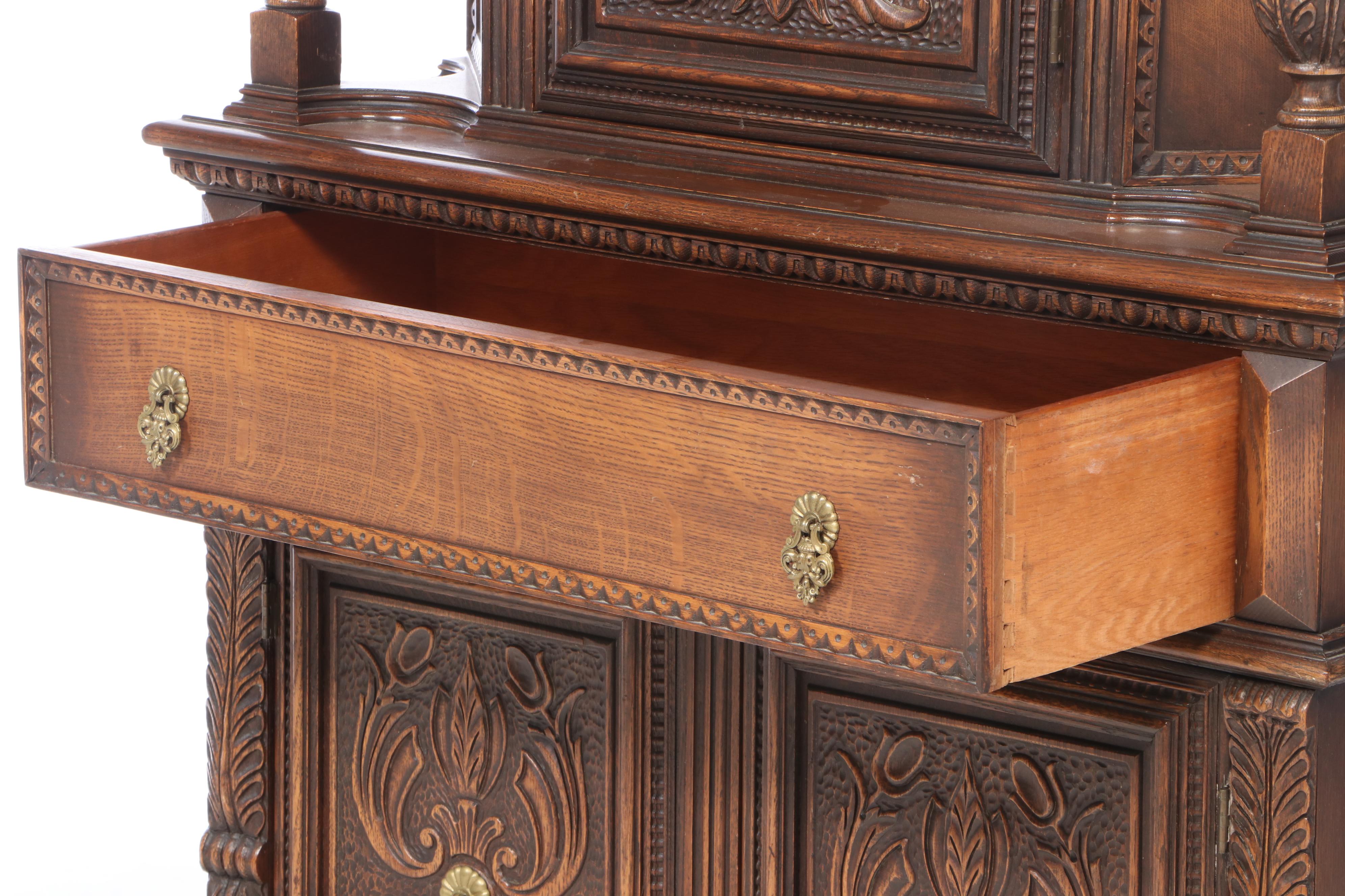 Jacobean Style Relief-Carved Oak China Cupboard, Early to Mid 20th Century