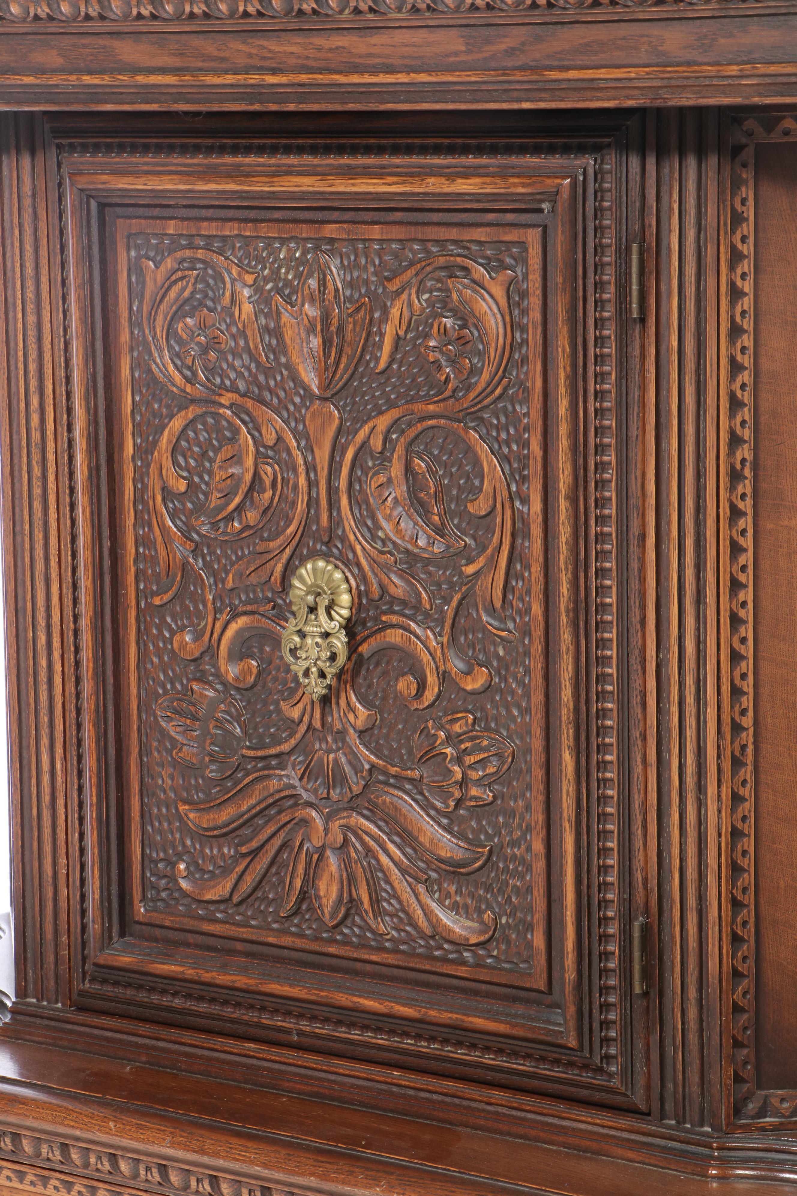 Jacobean Style Relief-Carved Oak China Cupboard, Early to Mid 20th Century