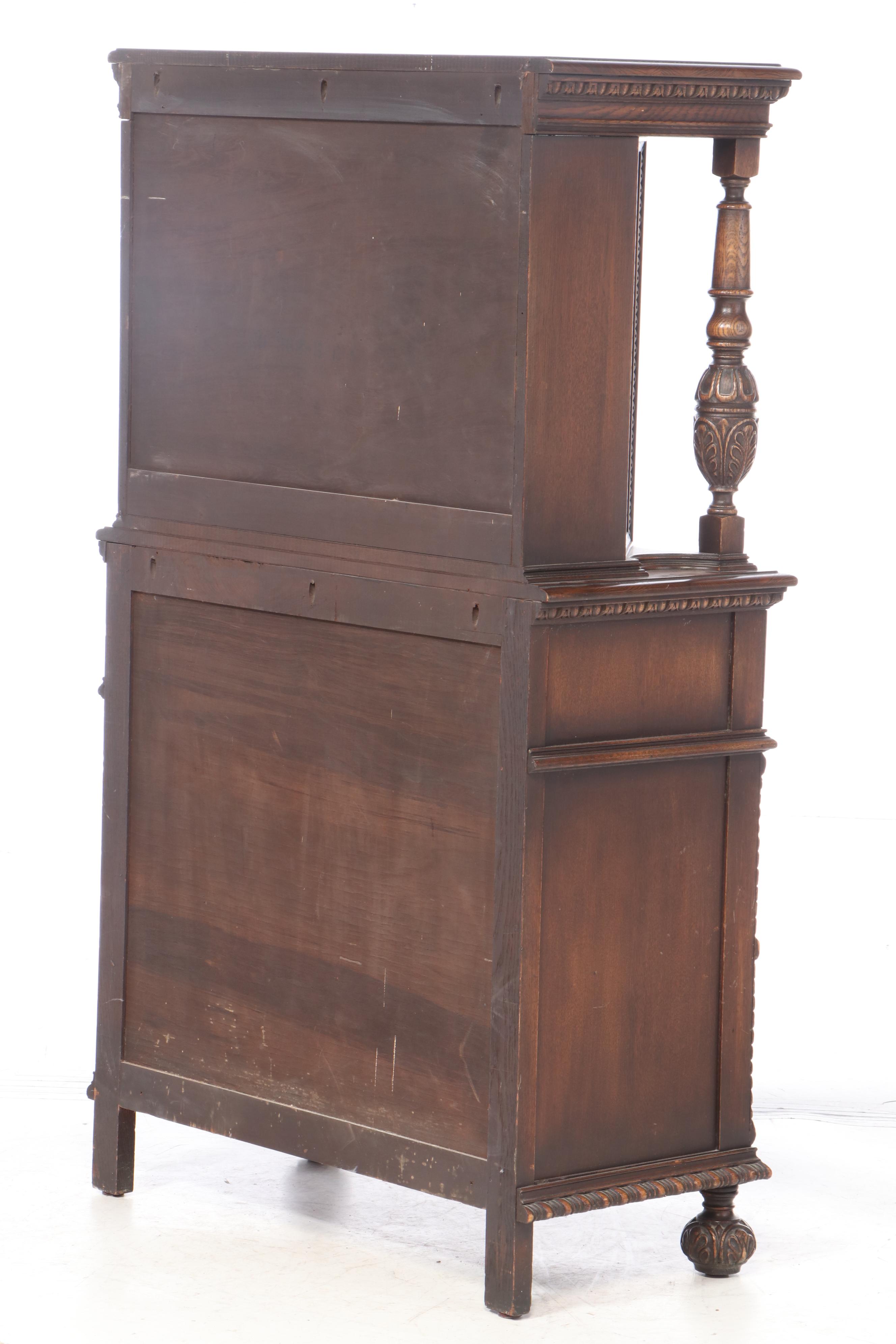 Jacobean Style Relief-Carved Oak China Cupboard, Early to Mid 20th Century