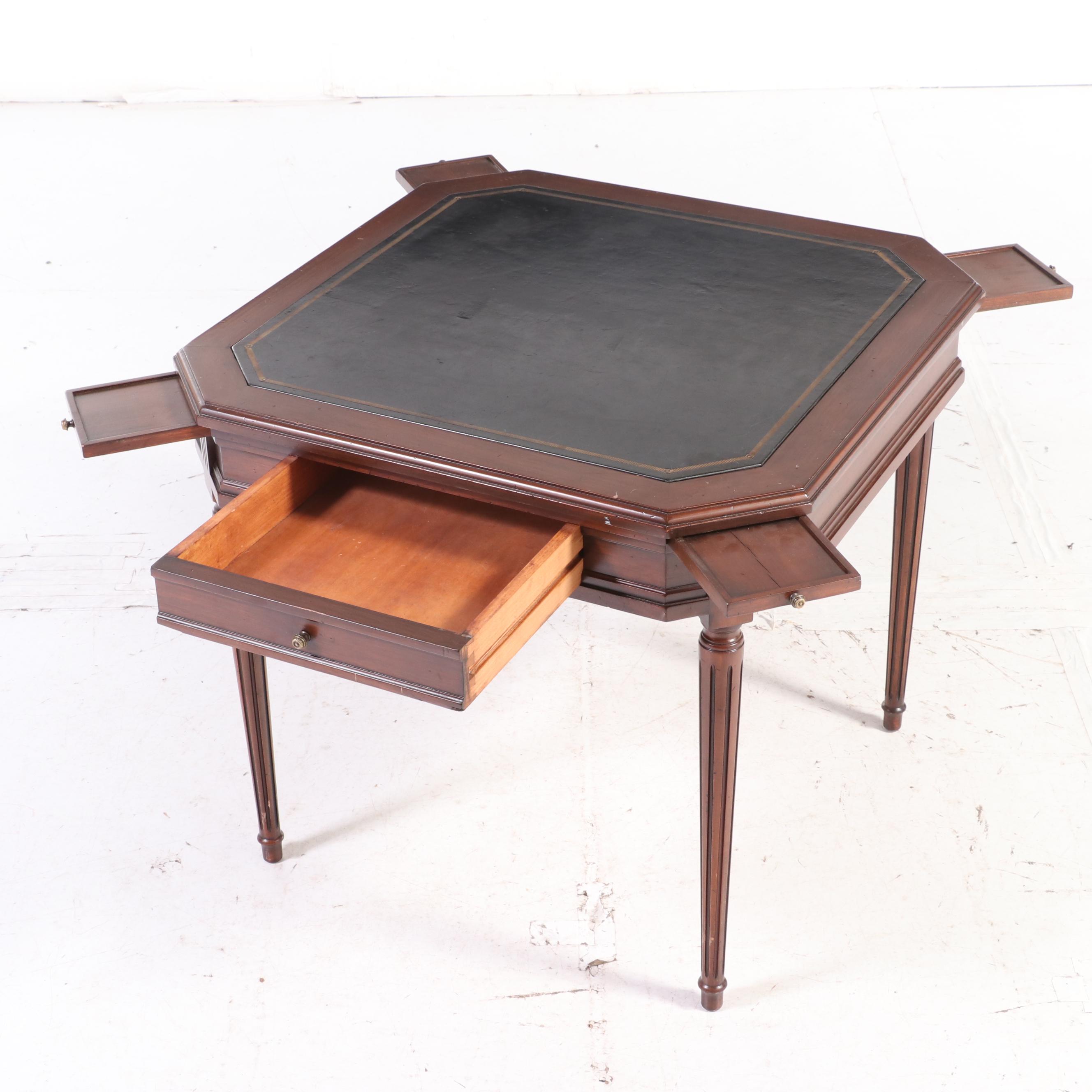Louis XVI Style Leather Top Game Table with Corner Draw Leaves