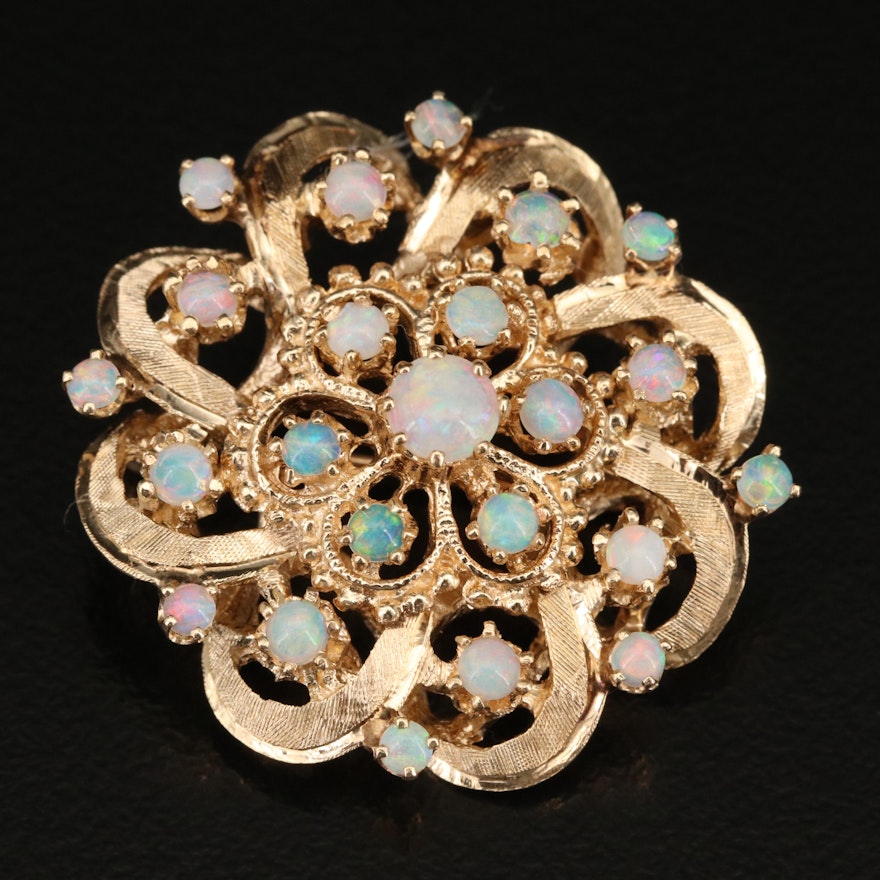 Vintage Style 14K Opal Brooch with Florentine Finish and Granulation