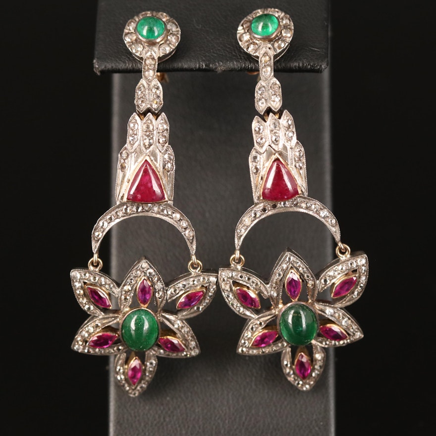 Sterling Emerald, Ruby and Diamond Earrings
