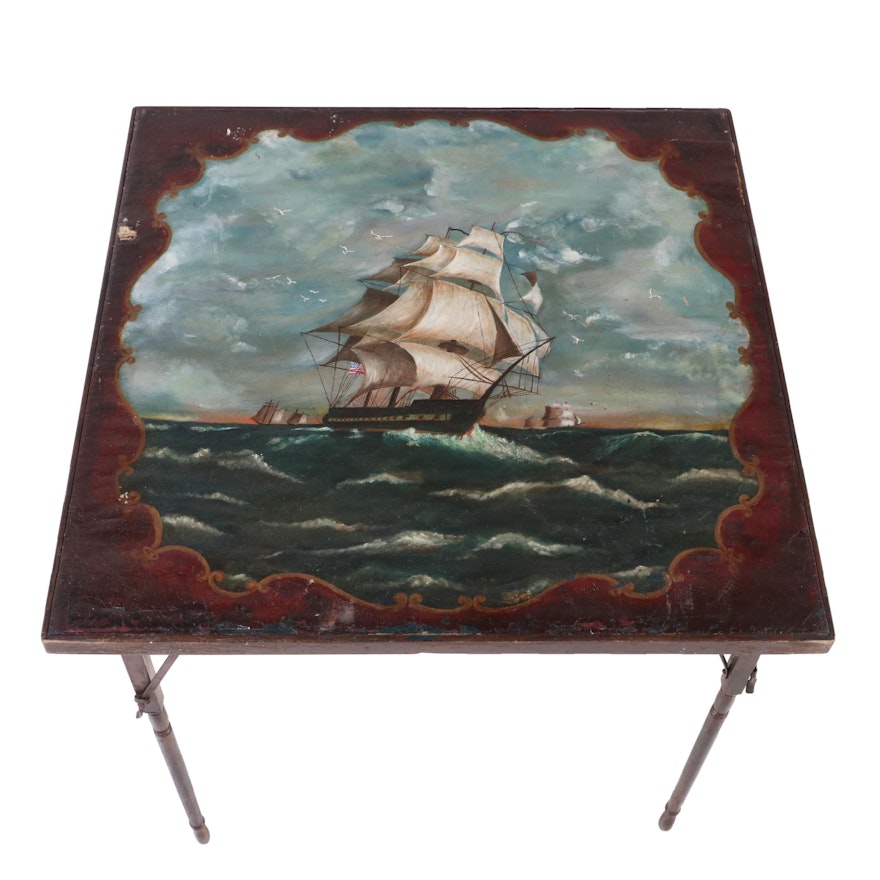 Wood Folding Table with Painted Canvas Top of Nautical Scene, Early 20th Century