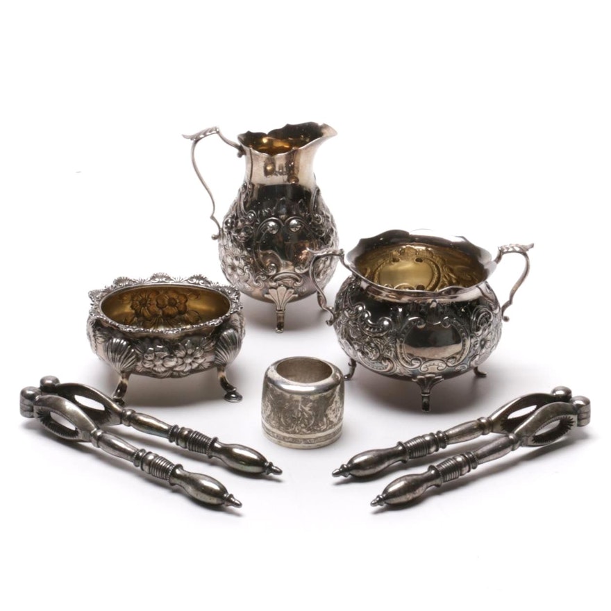 Gorham Cream and Sugar Bowls with Other Sterling Silver Serving Pieces