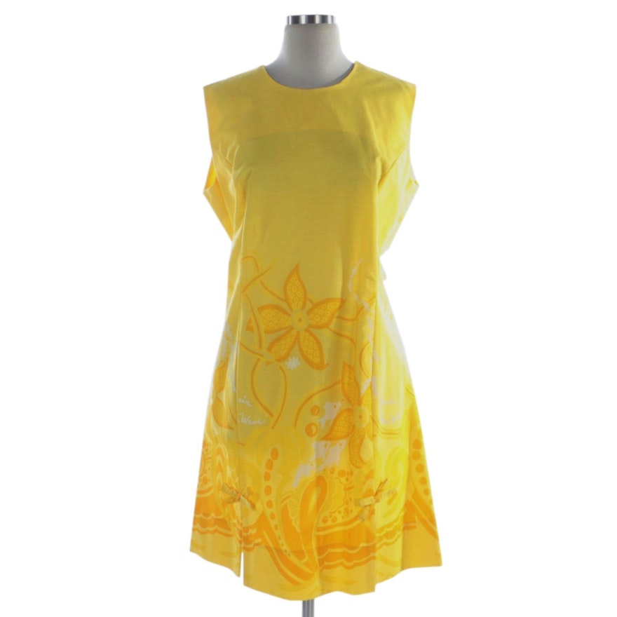 Beachcomber "Ocean Waves" Screened Print Yellow Cotton Sleeveless Shift Dress