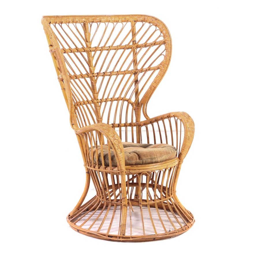 Italian Bamboo and Rattan Wingback Armchair, Mid to Late 20th Century