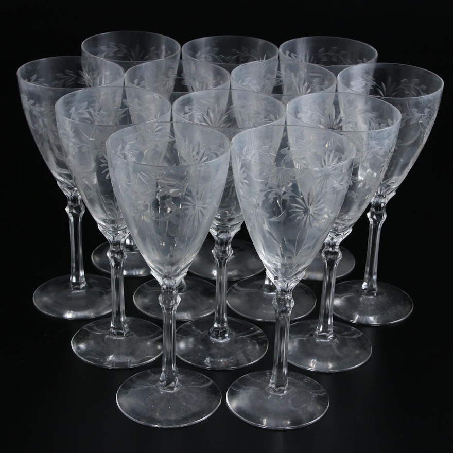 Daisy Pattern Etched Glass Goblets, Mid-20th Century