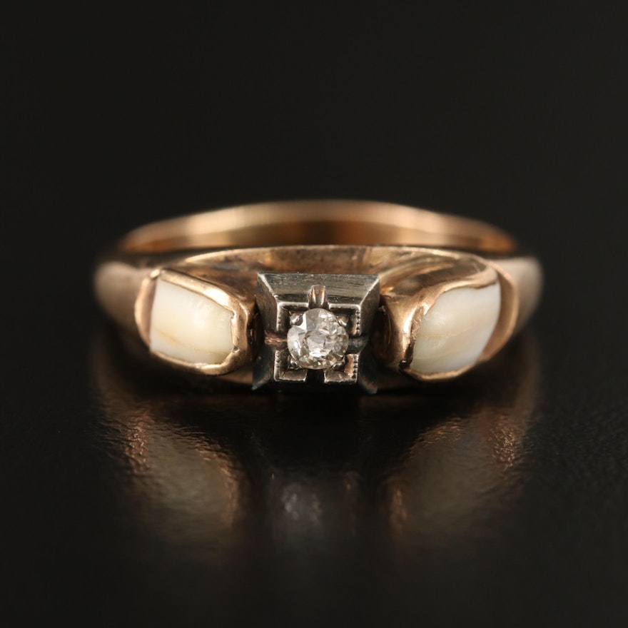 Vintage 9K Diamond and Milk Tooth Ring