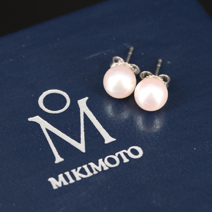 Mikimoto 18K Pearl Stud Earrings with Box