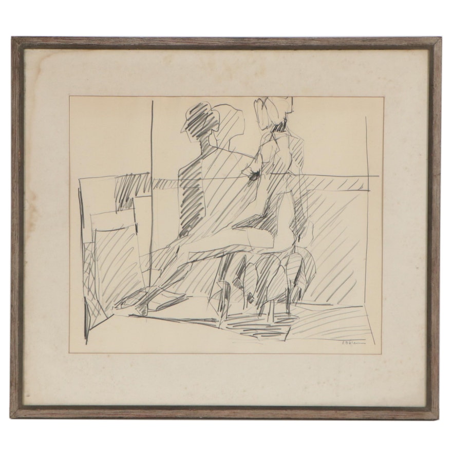 Figural Graphite Drawing, Mid-20th Century
