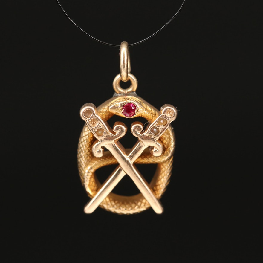 Vintage 14K Ruby and Pearl Snake and Crossed Swords Pendant