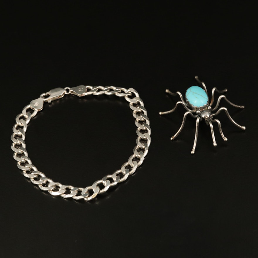 Elken Senter Chickasaw Spider Brooch and Sterling Curb Chain Bracelet