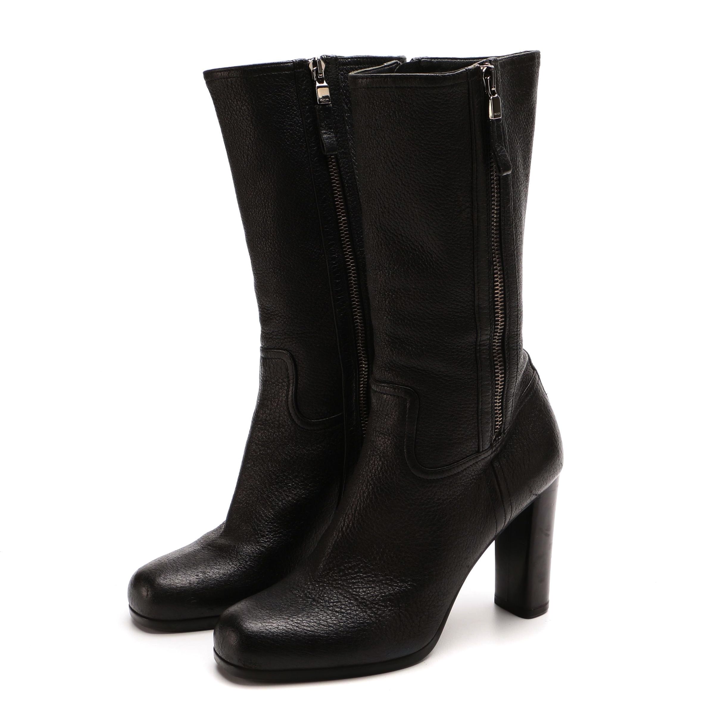 Prada Vitello Daino Grained Black Leather Block Heel Zip Boots