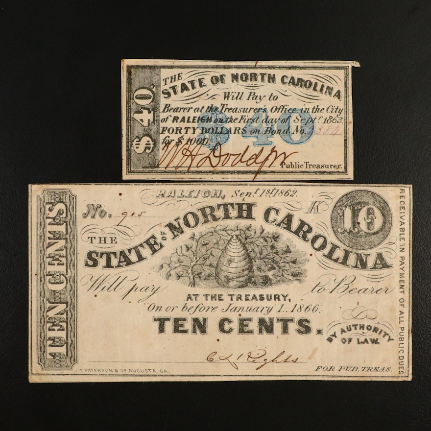 1862 North Carolina Obsolete Fractional Currency Note and Bond Coupon