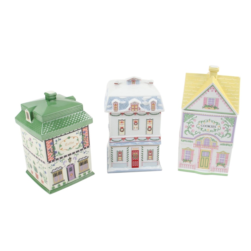 Lenox "Canterbury Crossing" and "Village Cookie Cottage" Porcelain Cookie Jars