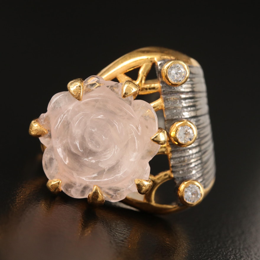 Sterling Silver Rose Quartz and Cubic Zirconia Floral Ring
