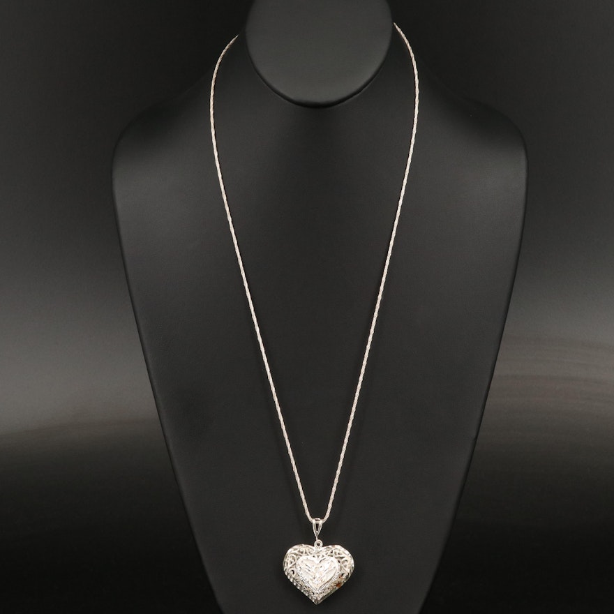 Sterling Silver Diamond Cut Puffed Heart Pendant Necklace