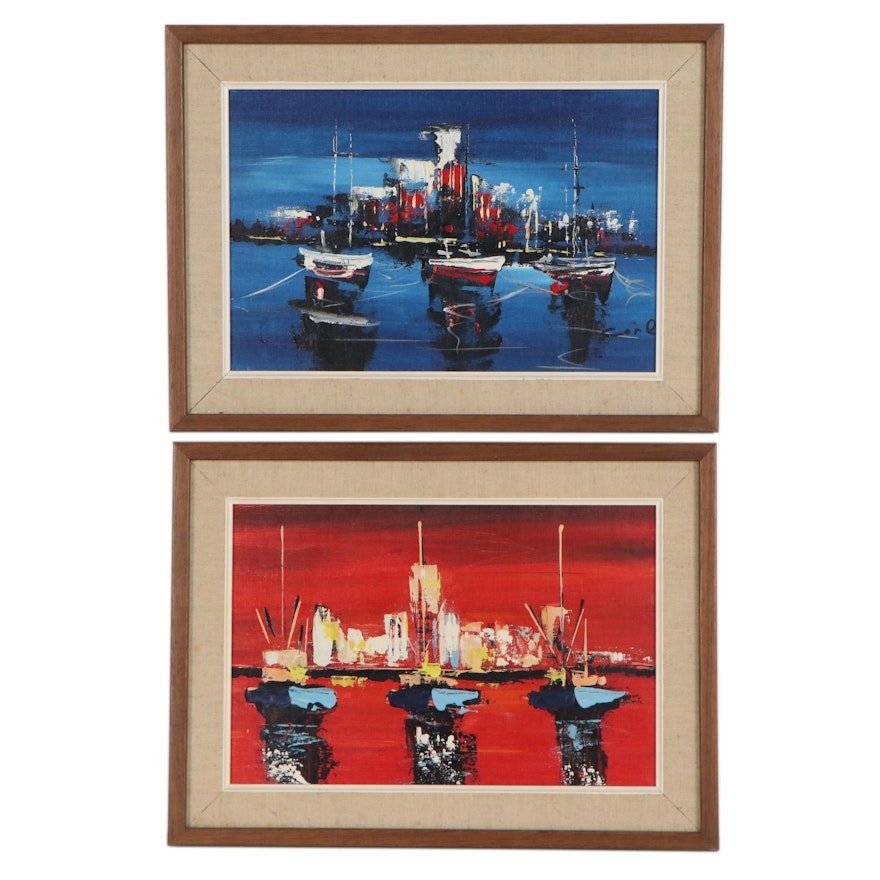 Modernist Style Acrylic Paintings of Boats on the Water, Late 20th Century