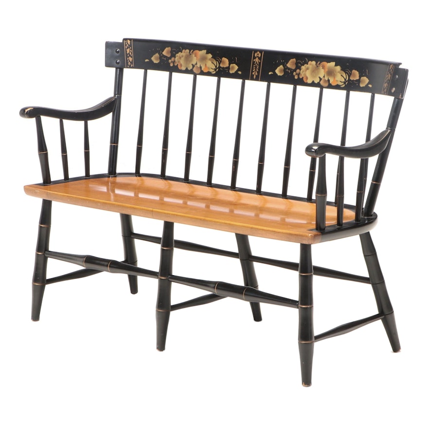 Federal Style Maple, Parcel-Ebonized, and Gilt-Stenciled Rod-Back Settee