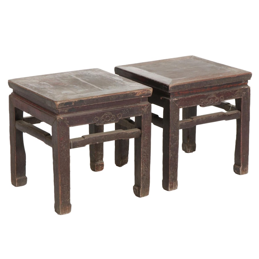 Pair of Chinese Wooden Waisted Horsehoof Stools