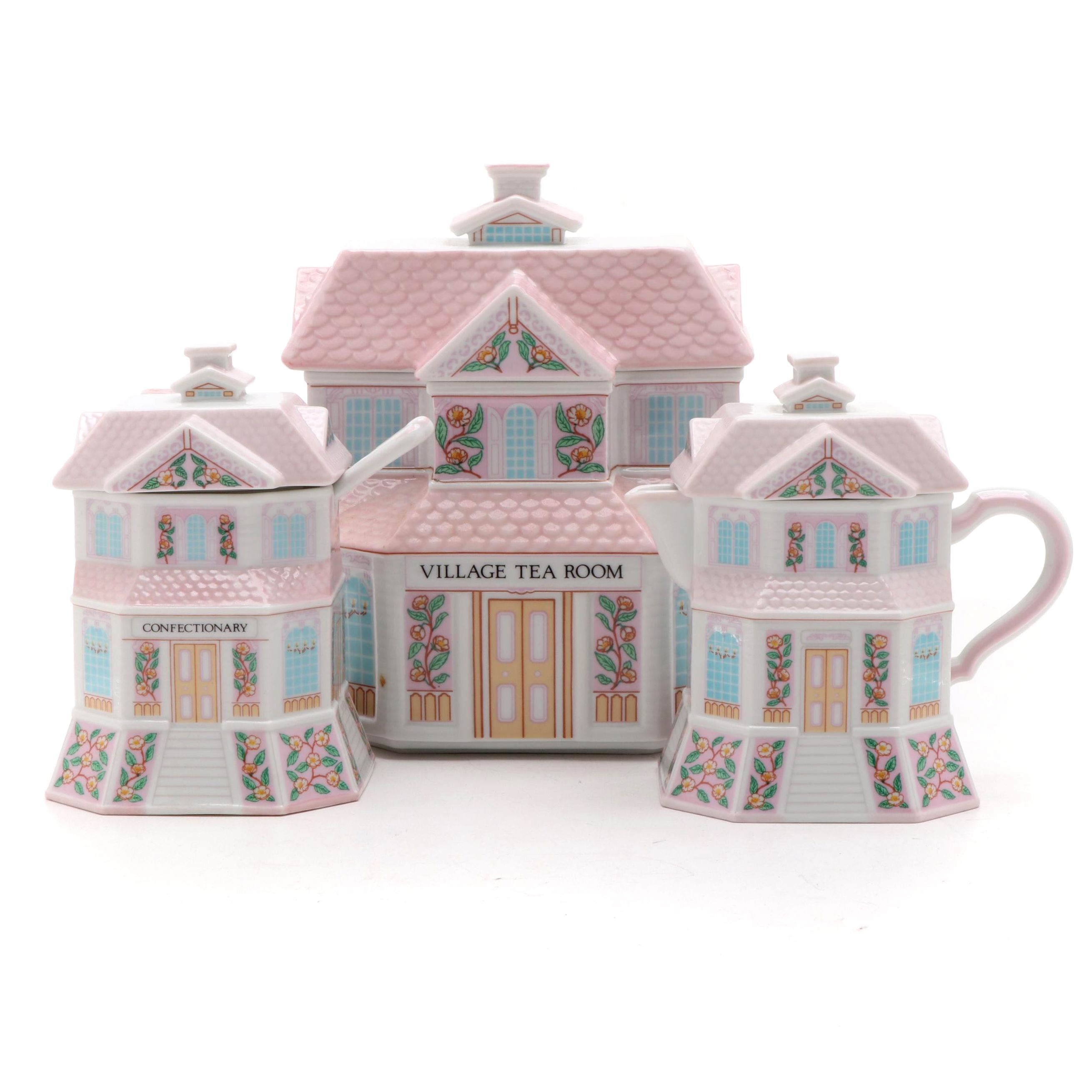 Lenox "Village Tea Room" Porcelain Tea Pot, Sugar Bowl and Creamer