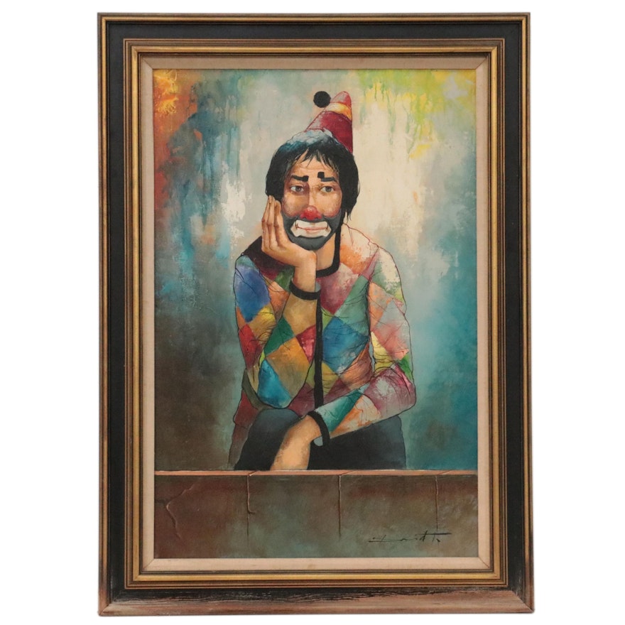 Clown Portrait Oil Painting, circa 1975