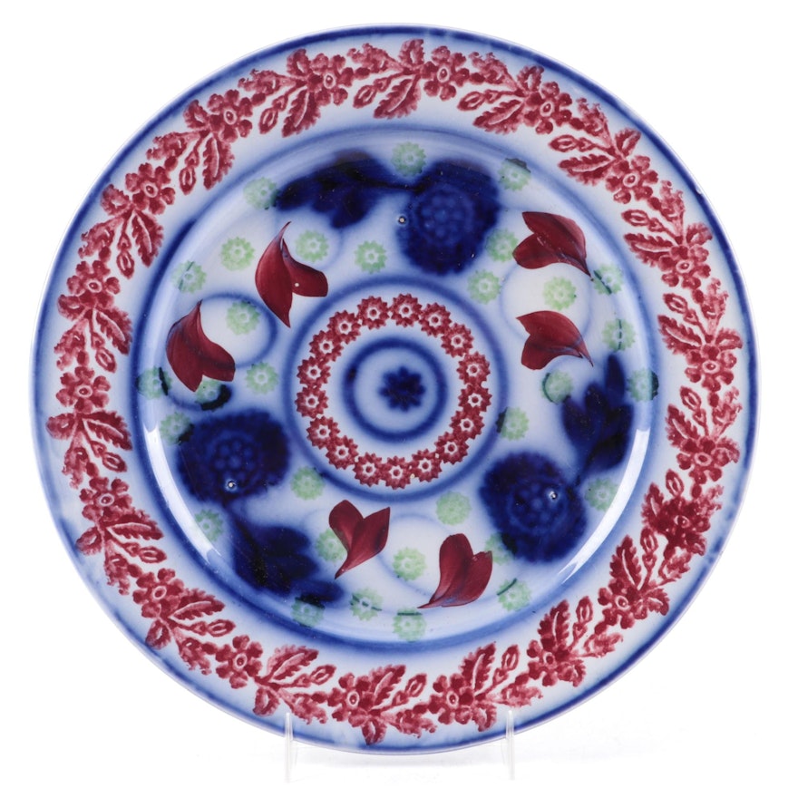 Staffordshire Flow Blue Style Polychrome Ironstone Plate, Mid-19th Century