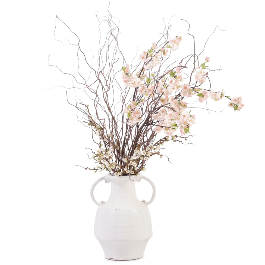 White Glazed Wheel Thrown Vase with Artificial Flowering Branches