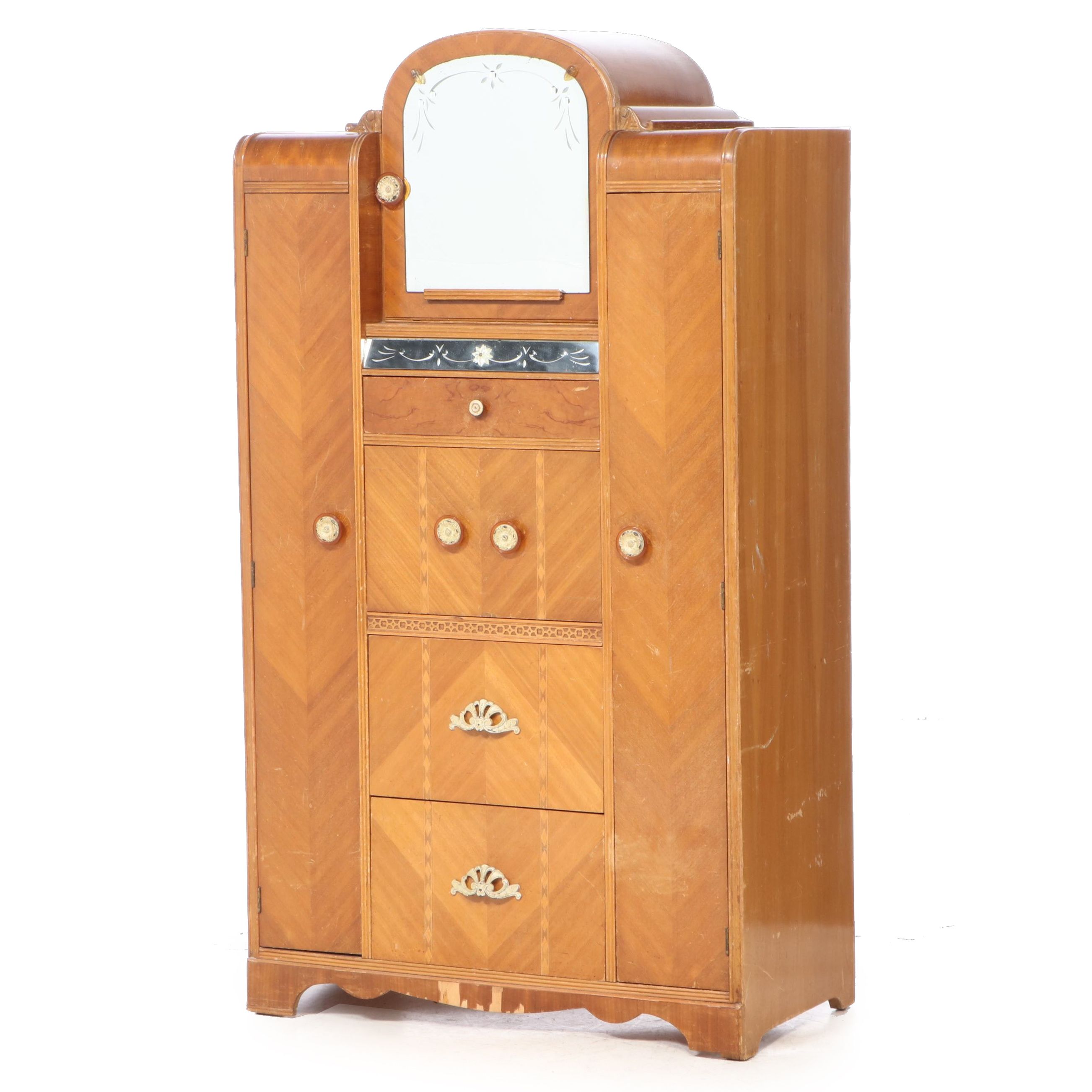 Art Deco Blondewood and Reverse-Etched Glass Chifferobe with Secretary, c. 1930