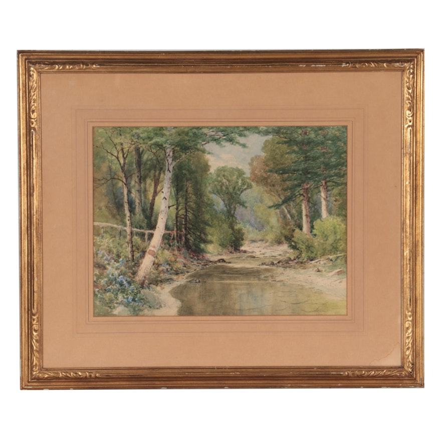 William Bartholomew Watercolor Painting of Creek Landscape