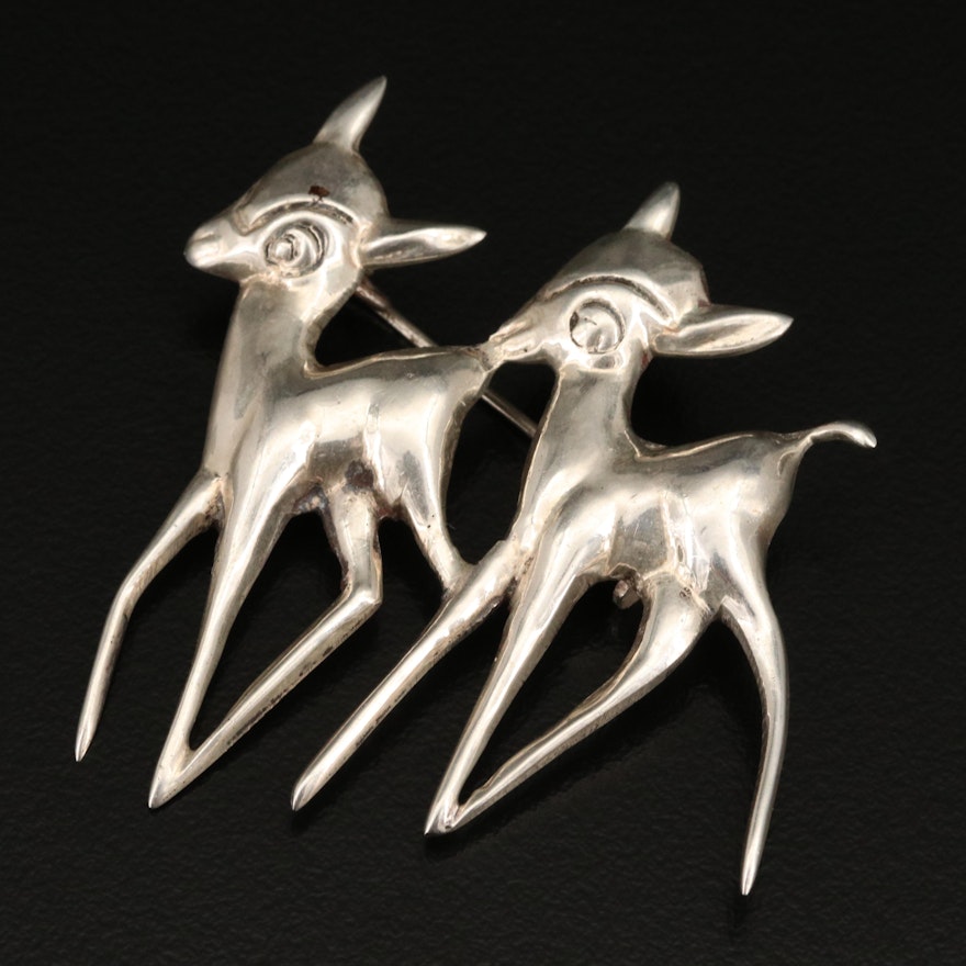 Mexican Sterling Paired Fawns Brooch