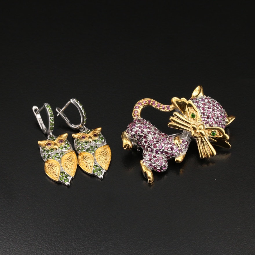 Sterling Cat Brooch and Owl Earrings with Garnet and Diopside