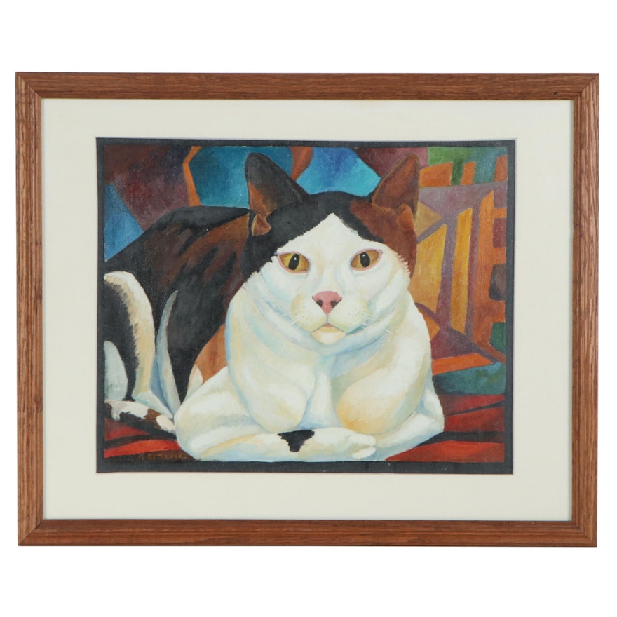 Robert Szesko Modernist Style Oil Painting of Cat