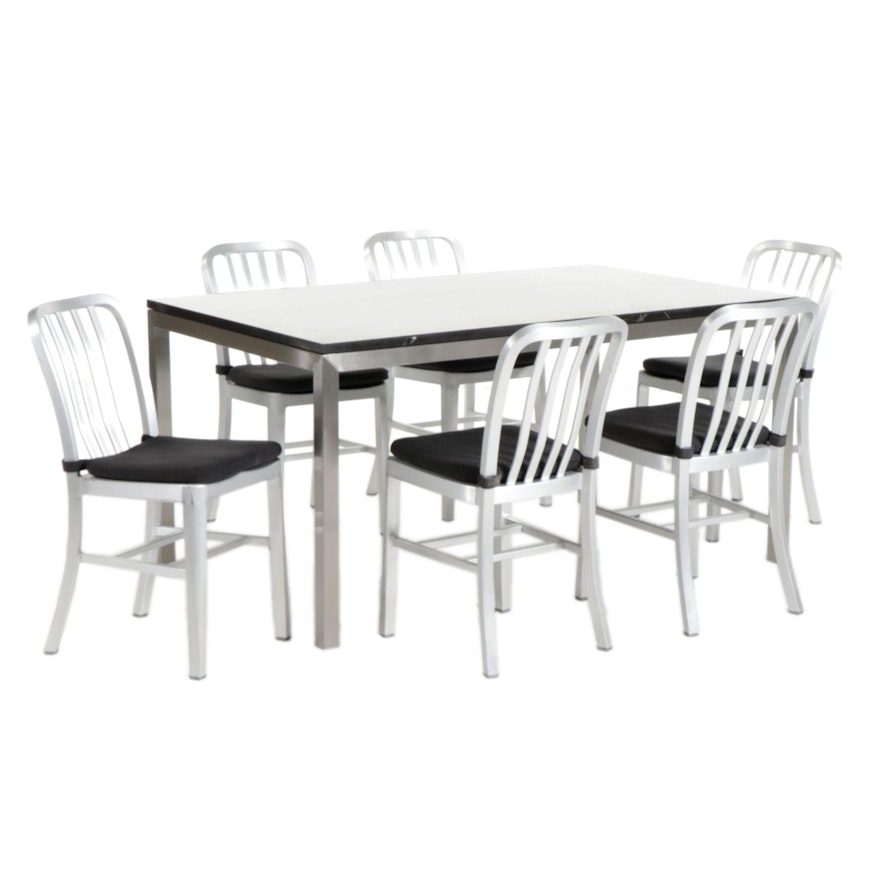 Crate & Barrel "Parsons" Marble Top Dining Table with "Delta" Aluminum Chairs
