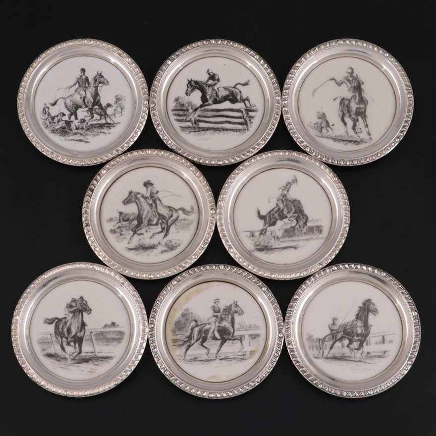 Delano Studios for Frank M. Whiting Sterling Silver Rimmed Equine Coasters