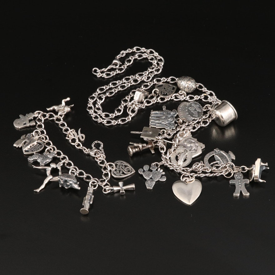 Vintage Sterling Charm Necklace and Bracelet with Heart and Armadillo Charms