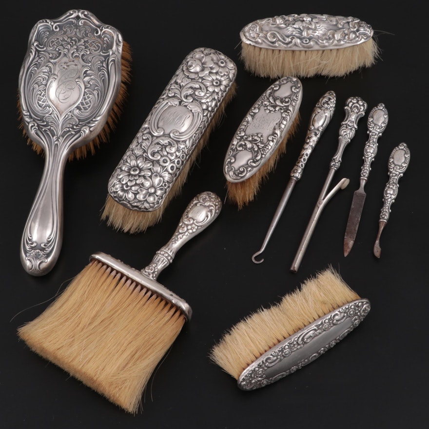 Hamilton & Diesinger Sterling Repoussé Vanity Brushes and Other Vanity Items