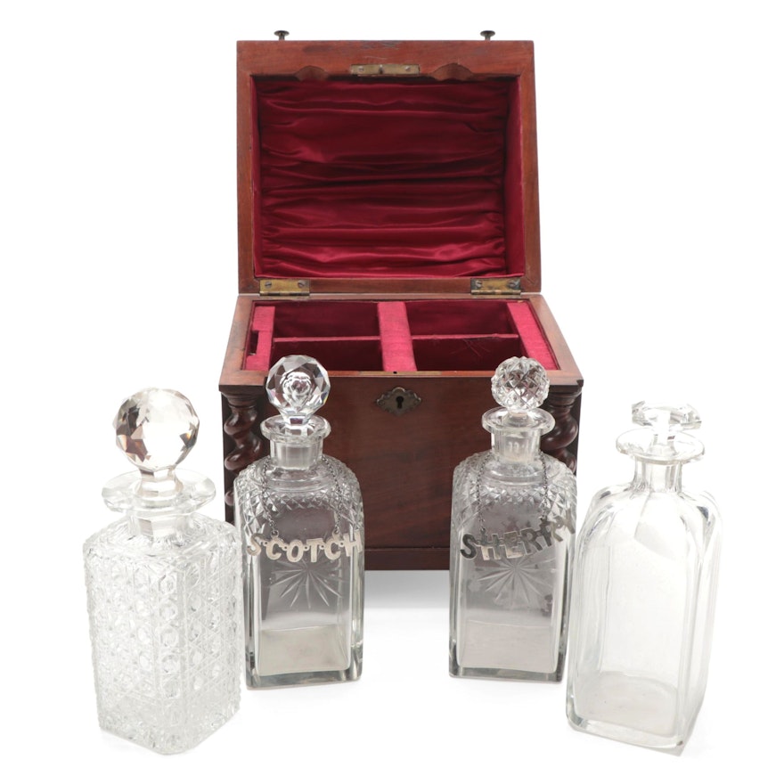 Victorian Mahogany Cave-Á-Liquor with Cut Glass Decanters and Silver Bottle Tags